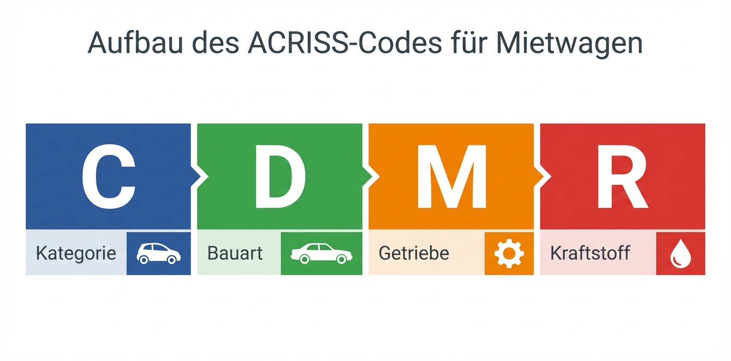 Infografik: Aufbau des ACRISS-Codes CDMR: Kategorie, Bauart, Getriebe, Kraftstoff farblich erklärt