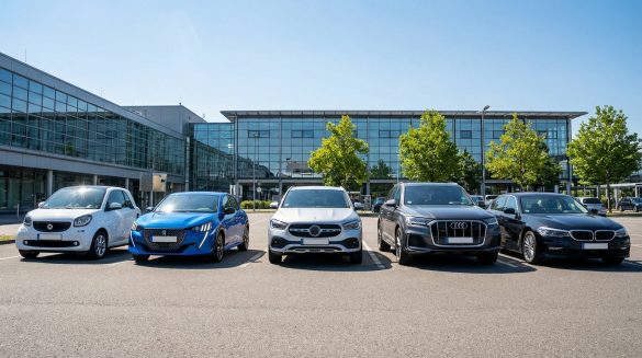 Fünf verschiedene Mietwagen-Fahrzeugklassen aufgereiht am Flughafen – von Kleinwagen bis Luxuslimousine