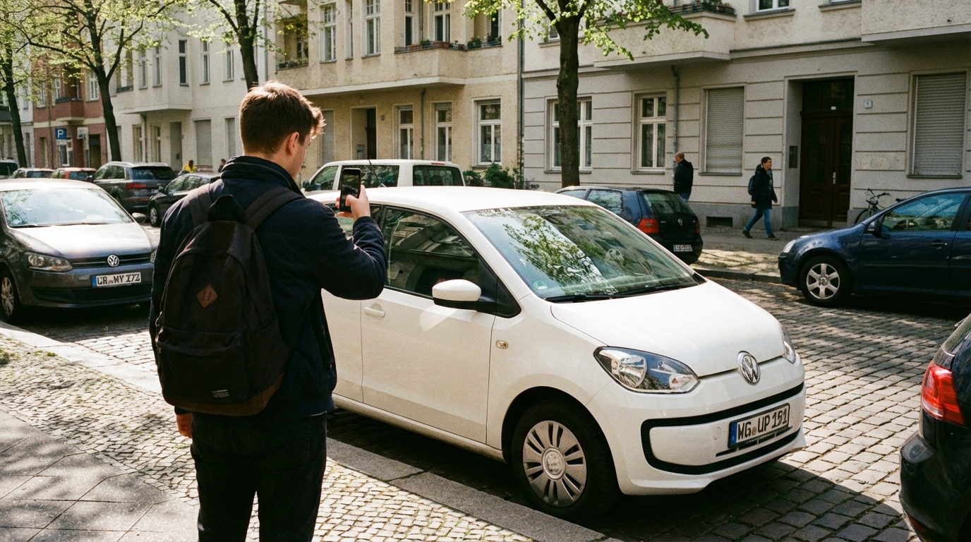 Junger Mann öffnet Carsharing-Auto per Smartphone-App in einer deutschen Stadt