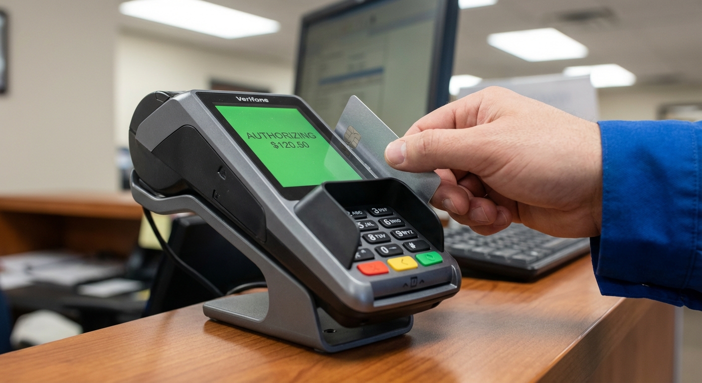 Kreditkarte wird in Kartenterminal am Mietwagen-Schalter eingesteckt