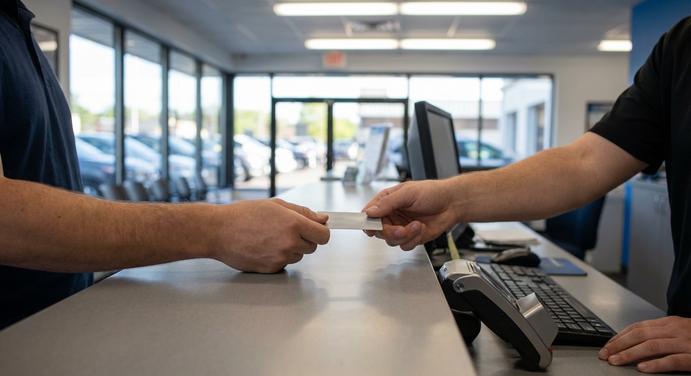 Hand reicht eine Kreditkarte über den Schalter einer Autovermietung