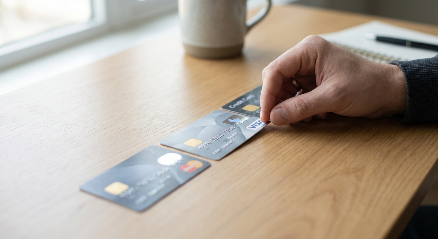 Hand hält Visa und Mastercard Kreditkarten auf Holztisch