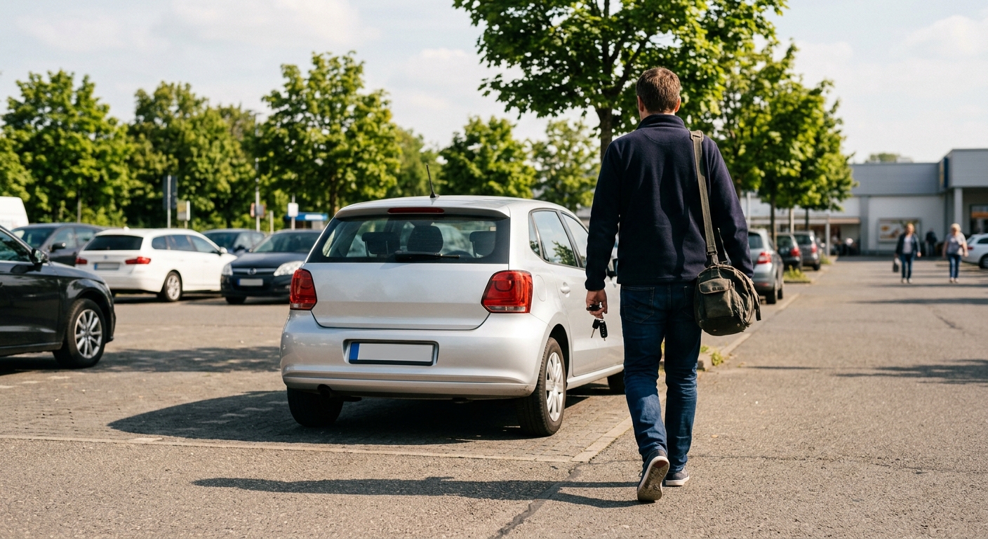 Person geht mit Reisetasche zu einem silbernen Mietwagen auf dem Parkplatz – Anmietung auch ohne Kreditkarte möglich
