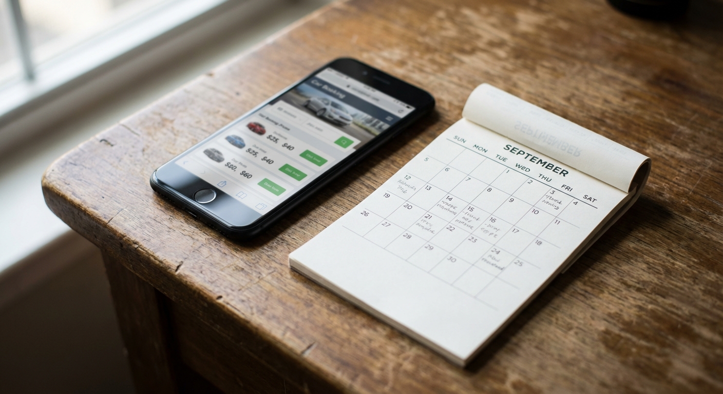 Smartphone mit Mietwagen-Buchungsapp neben einem Kalender – den richtigen Buchungszeitpunkt für günstige Mietwagenpreise wählen