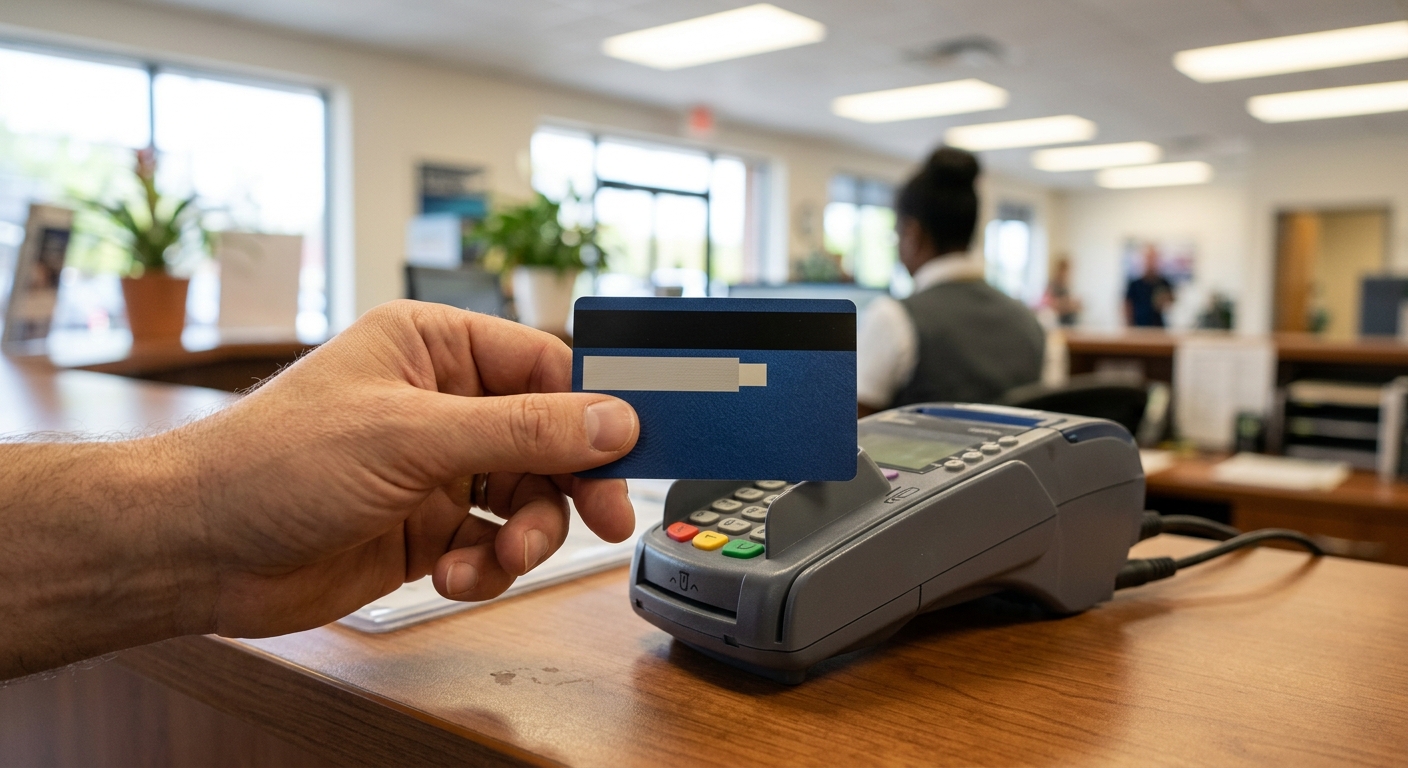 Debitkarte wird an einem Kartenterminal am Mietwagen-Schalter eingesetzt – Mietwagen ohne Kreditkarte mieten