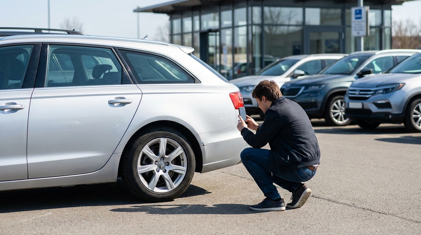 Mietwagen bei Übernahme dokumentieren - Mann fotografiert Fahrzeugzustand mit Smartphone auf dem Parkplatz der Mietwagenstation