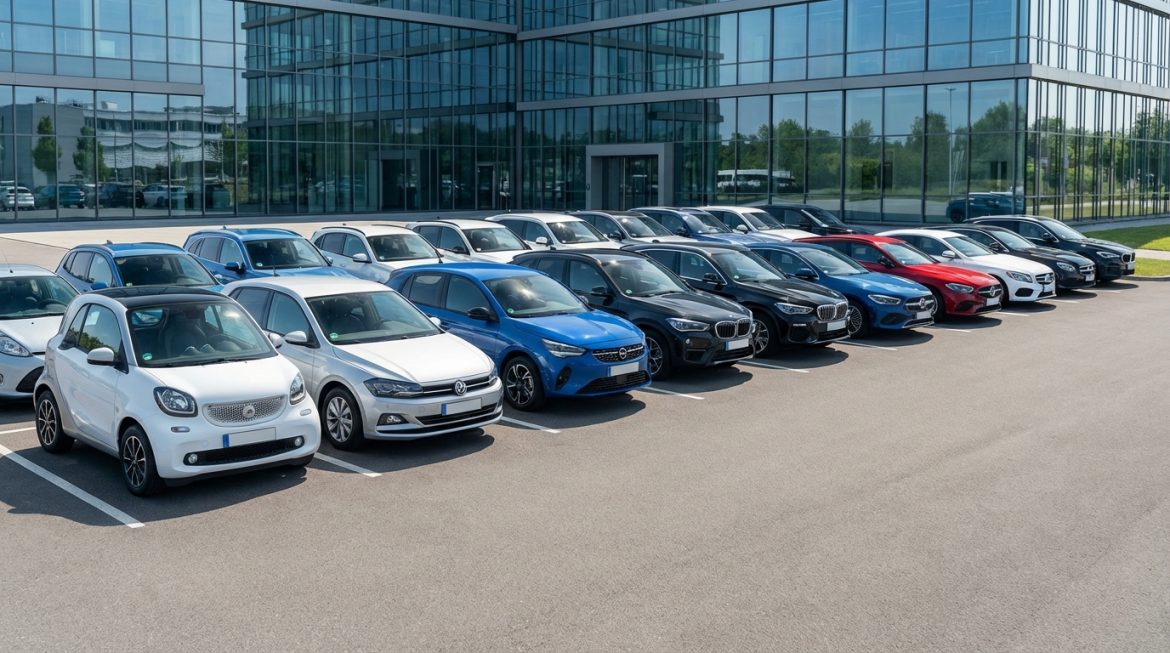Verschiedene Mietwagen-Fahrzeugklassen aufgereiht – von Kleinwagen über Kompaktwagen bis hin zu Premium-Limousinen und SUVs
