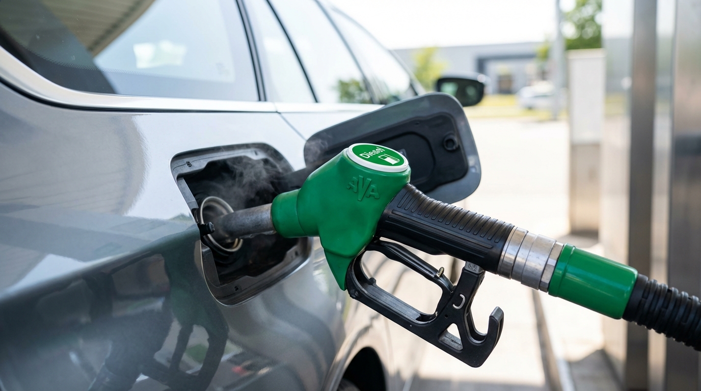 Mietwagen falsch getankt - Diesel-Zapfpistole steckt im Tankstutzen eines Mietfahrzeugs an der Tankstelle