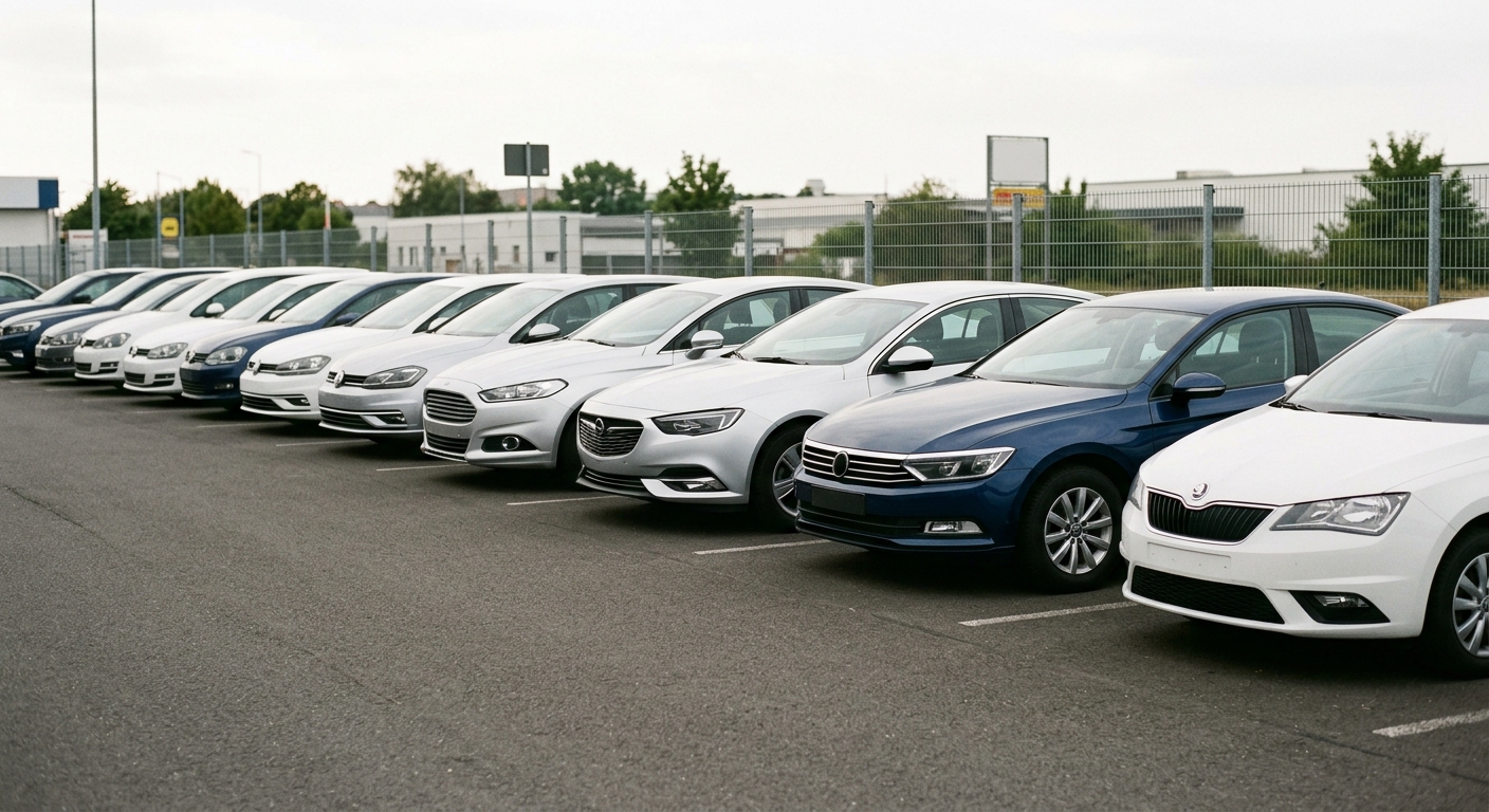 Verschiedene Mietwagen aufgereiht an einer deutschen Mietstation – Anbietervergleich ohne Kreditkarte