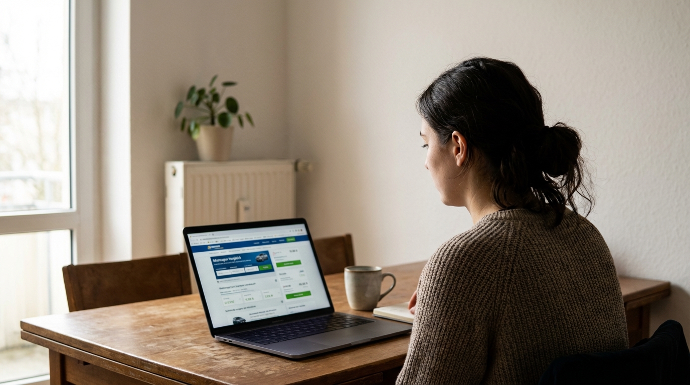 Junge Frau vergleicht Mietwagen-Preise am Laptop