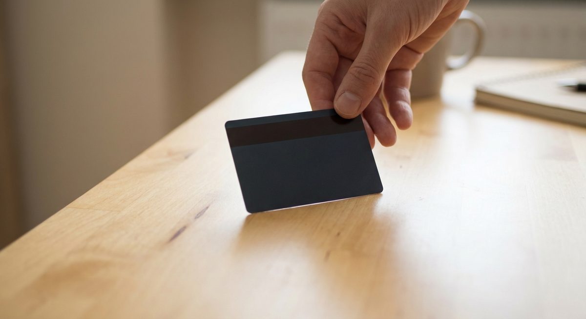 Hand legt Kreditkarte auf den Mietschalter – Kautionshinterlegung beim Mietwagen