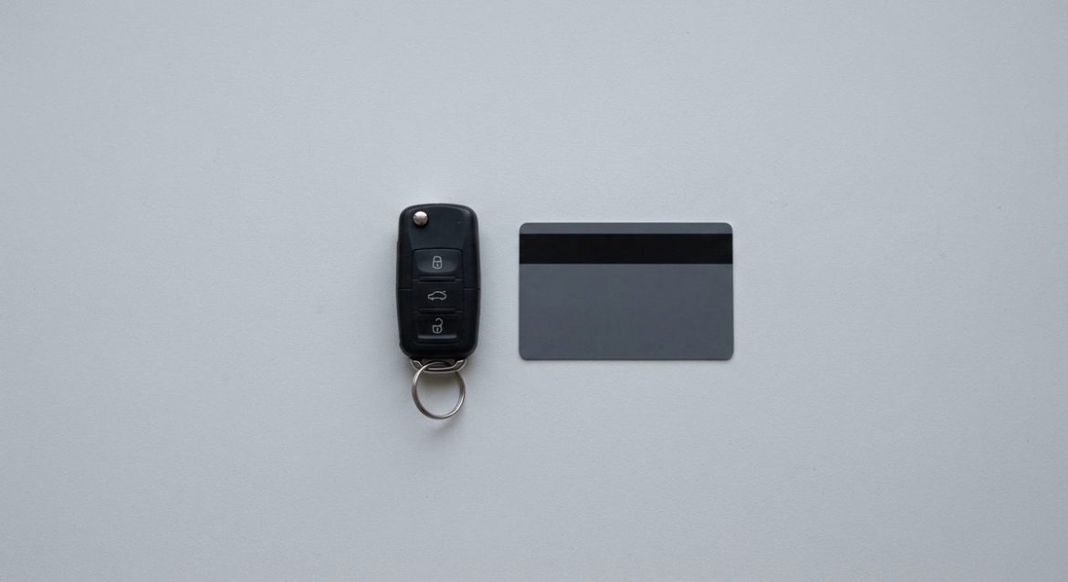 Kreditkarte Rückseite mit Magnetstreifen und Autoschlüssel – Kaution beim Mietwagen hinterlegen