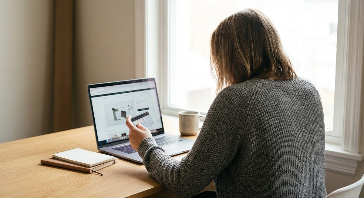 Person prüft Kreditlimit am Laptop vor der Mietwagenbuchung – Kaution richtig einplanen