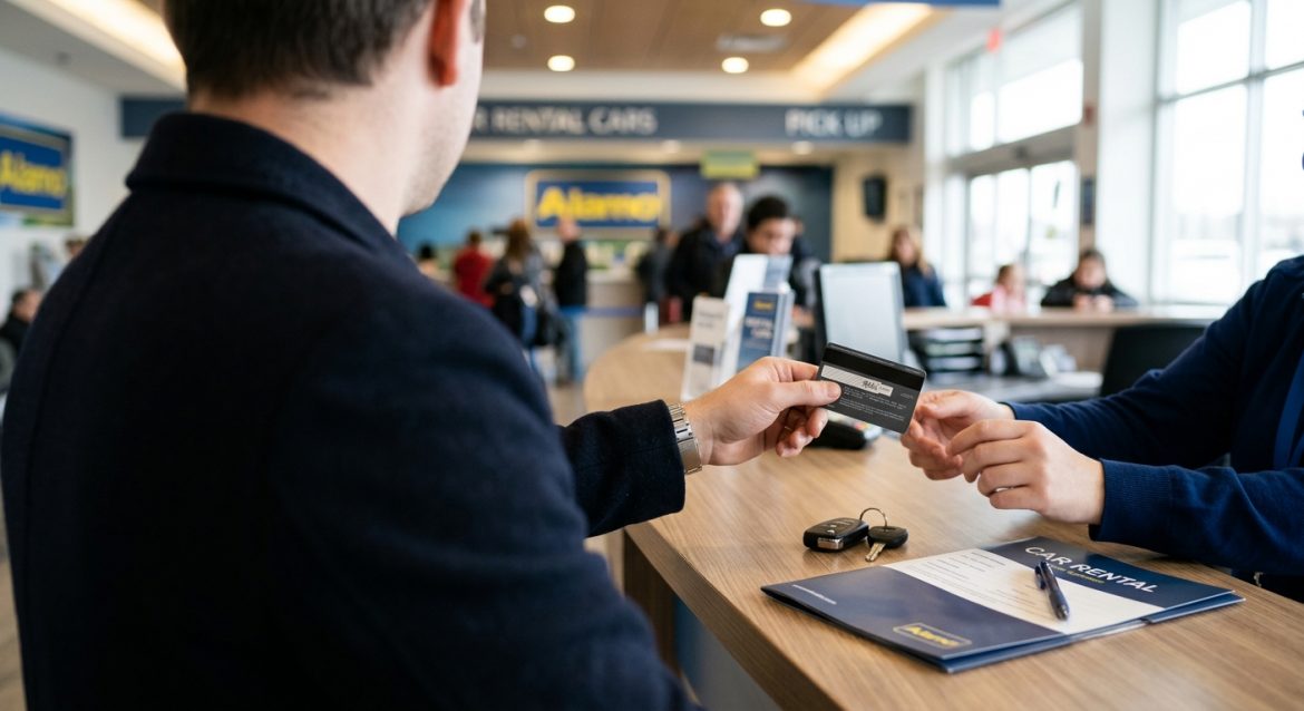Kunde übergibt Kreditkarte am Schalter einer Autovermietung für die Mietwagen-Anmietung