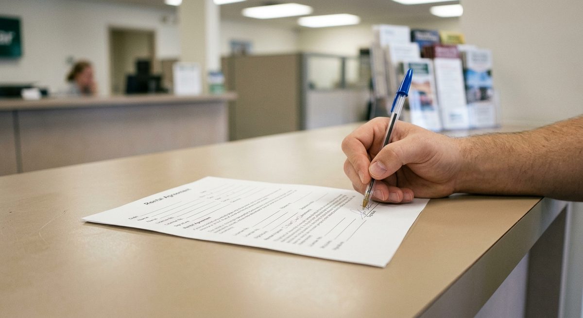 Hand mit Stift unterschreibt Mietvertrag auf dem Tresen einer Autovermietung – externe Versicherung spart teure Schalter-Upgrades