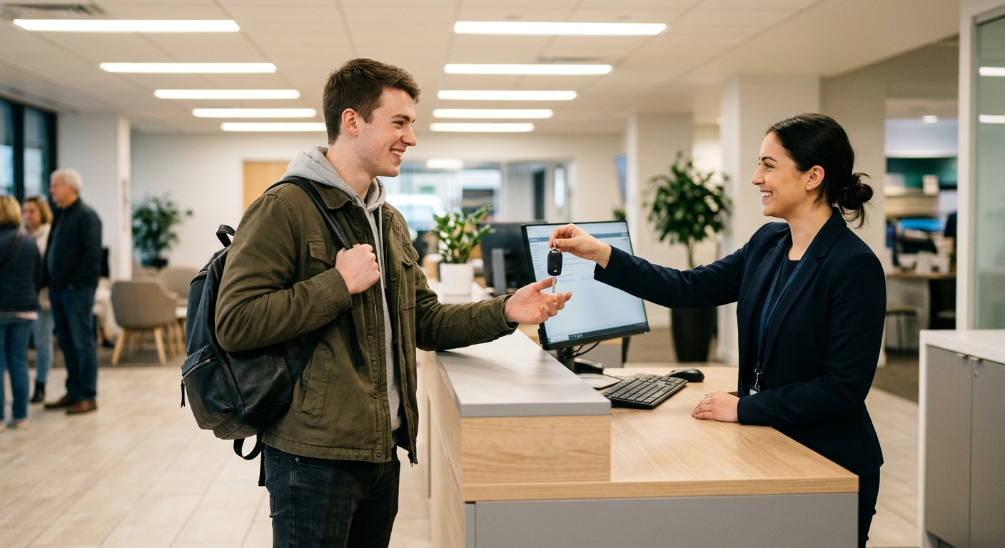 Junger Mann erhält Autoschlüssel an einer Mietwagen-Theke – Mindestalter bei Autovermietungen