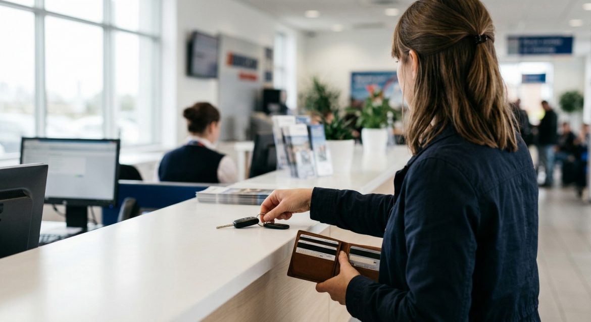 Frau steht am Mietwagen-Counter mit Geldbörse und Bankkarten und greift nach Autoschlüssel