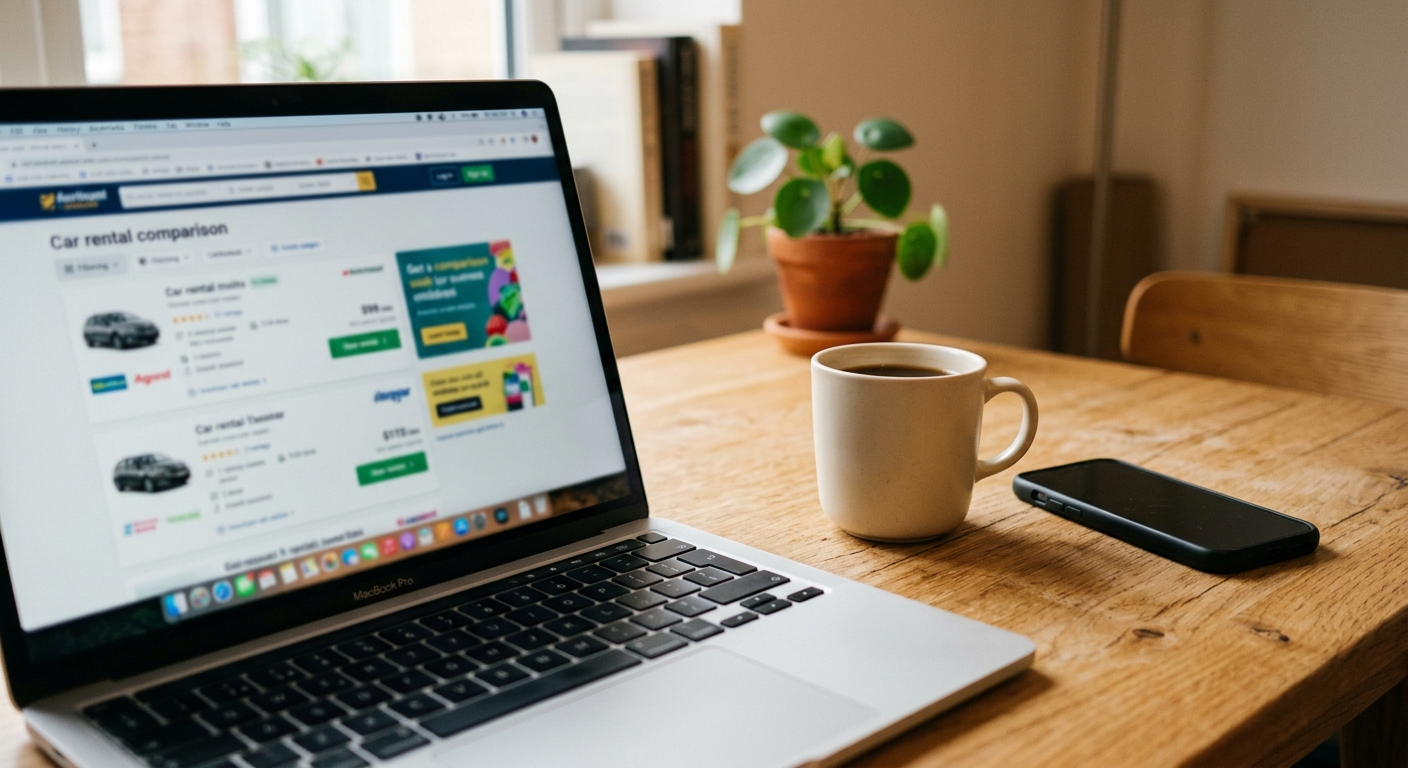 Laptop mit Mietwagen-Preisvergleich neben Kaffeetasse – günstige Mietwagen online finden