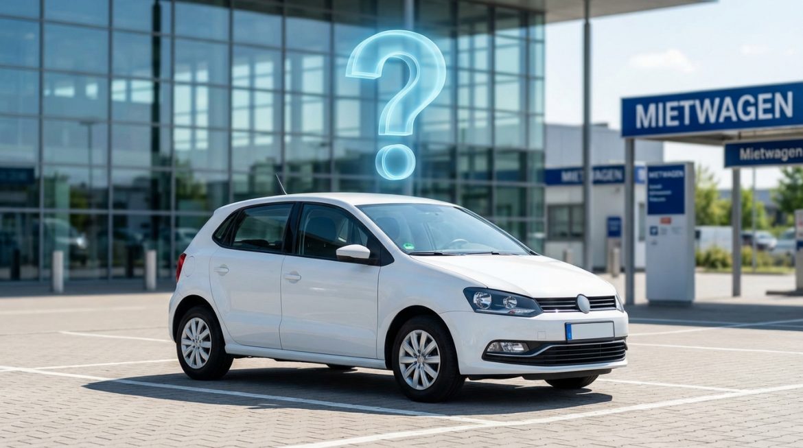 Mietwagen-Quiz: Weißer Mietwagen an einer Vermietstation mit leuchtendem Fragezeichen – Teste dein Mietwagen-Wissen