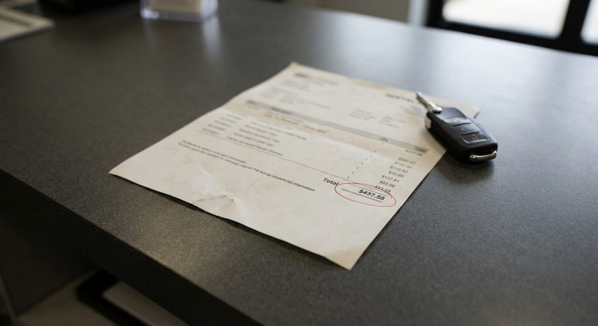 Nahaufnahme einer Mietwagen-Rechnung mit rot eingekreister Endsumme und Autoschlüssel. Versteckte Kosten wie Versicherung und Zusatzfahrer treiben den Mietpreis in die Höhe