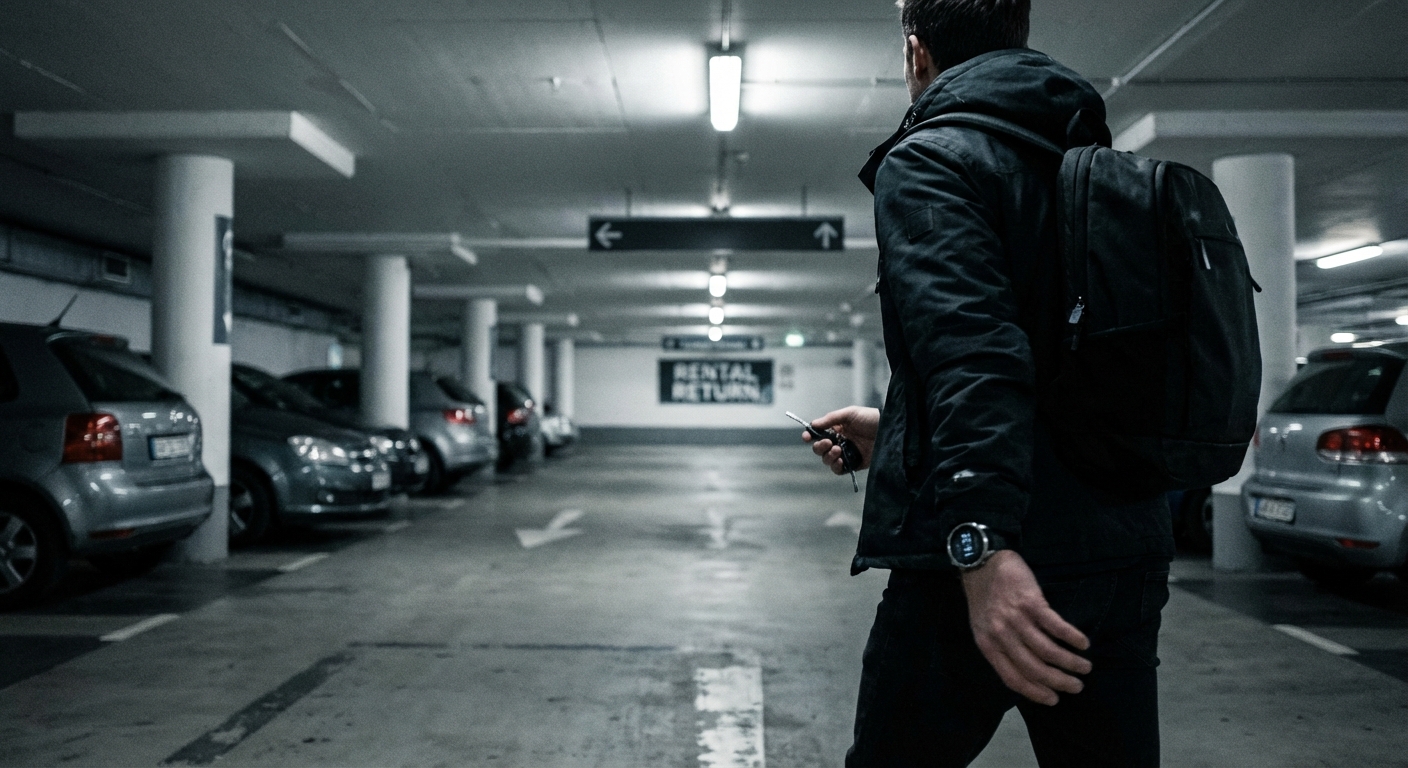 Person eilt mit Autoschlüssel in der Hand durch ein Parkhaus zur Mietwagen-Rückgabe. Verspätete Rückgabe kostet einen Extra-Miettag und den Versicherungsschutz