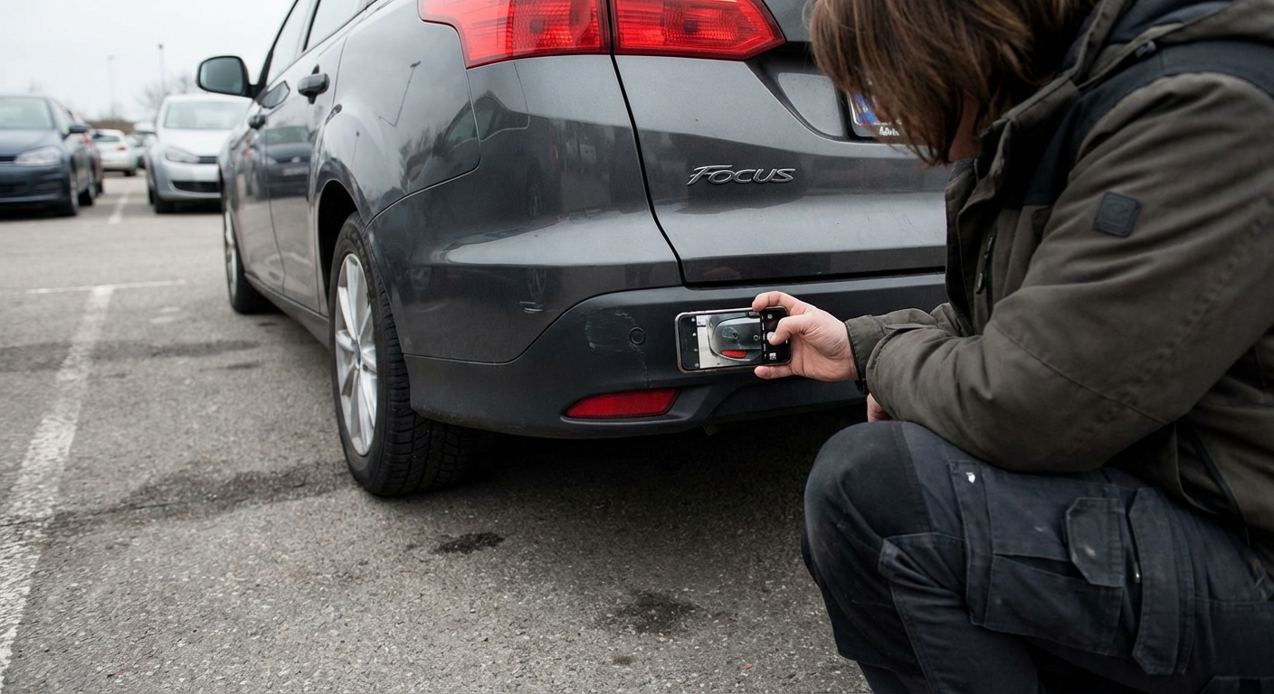 Person dokumentiert einen Kratzer am Mietwagen mit dem Smartphone auf einem Parkplatz