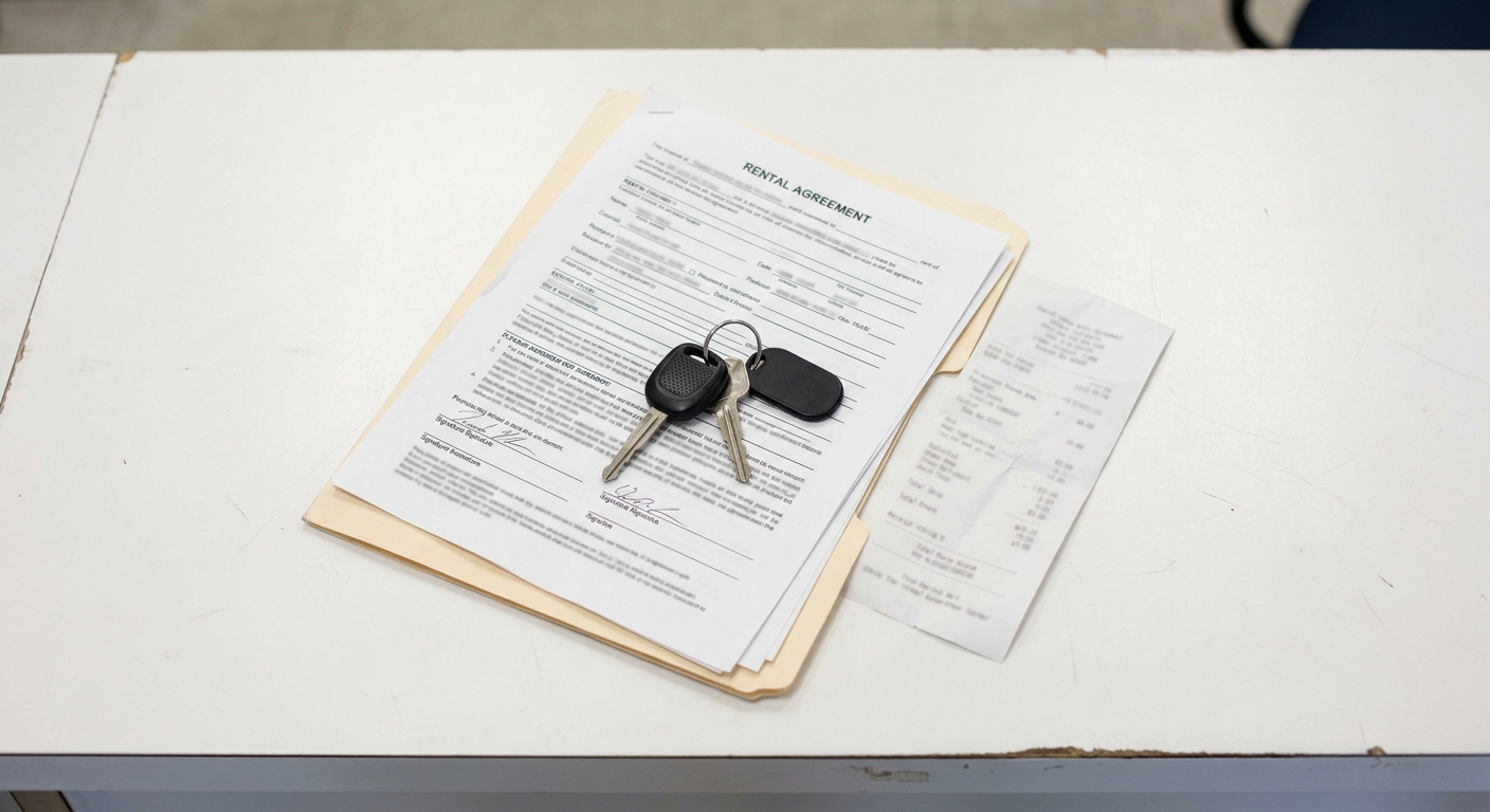 Autoschlüssel und Mietvertrag-Unterlagen auf dem Counter einer Autovermietung – versteckte Kosten vermeiden