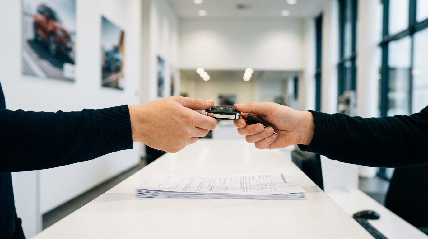 Mietwagen-Schlüsselübergabe am Schalter der Autovermietung - Mitarbeiter übergibt Fahrzeugschlüssel an Kunden