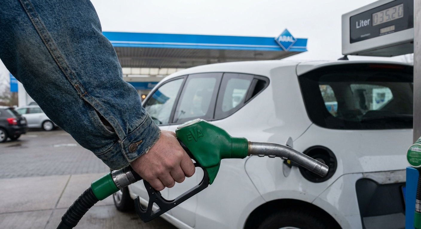 Hand hält grüne Zapfpistole am Tankstutzen eines weißen Mietwagens an einer deutschen Aral-Tankstelle. Die Voll-Voll-Tankregelung vermeidet teure Zusatzkosten