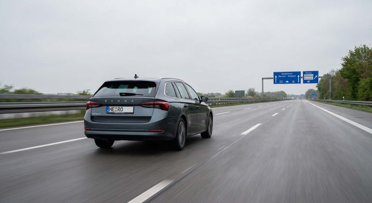 Mietwagen-Überführungsfahrt: Skoda Octavia Combi fährt auf der deutschen Autobahn zum Zielort
