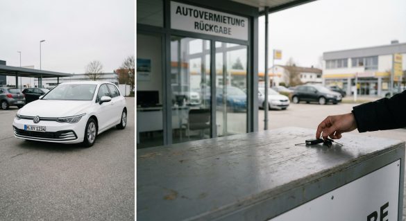 Mietwagen Überführungsfahrt: VW Golf wird an einer Autovermietungs-Rückgabestation abgegeben