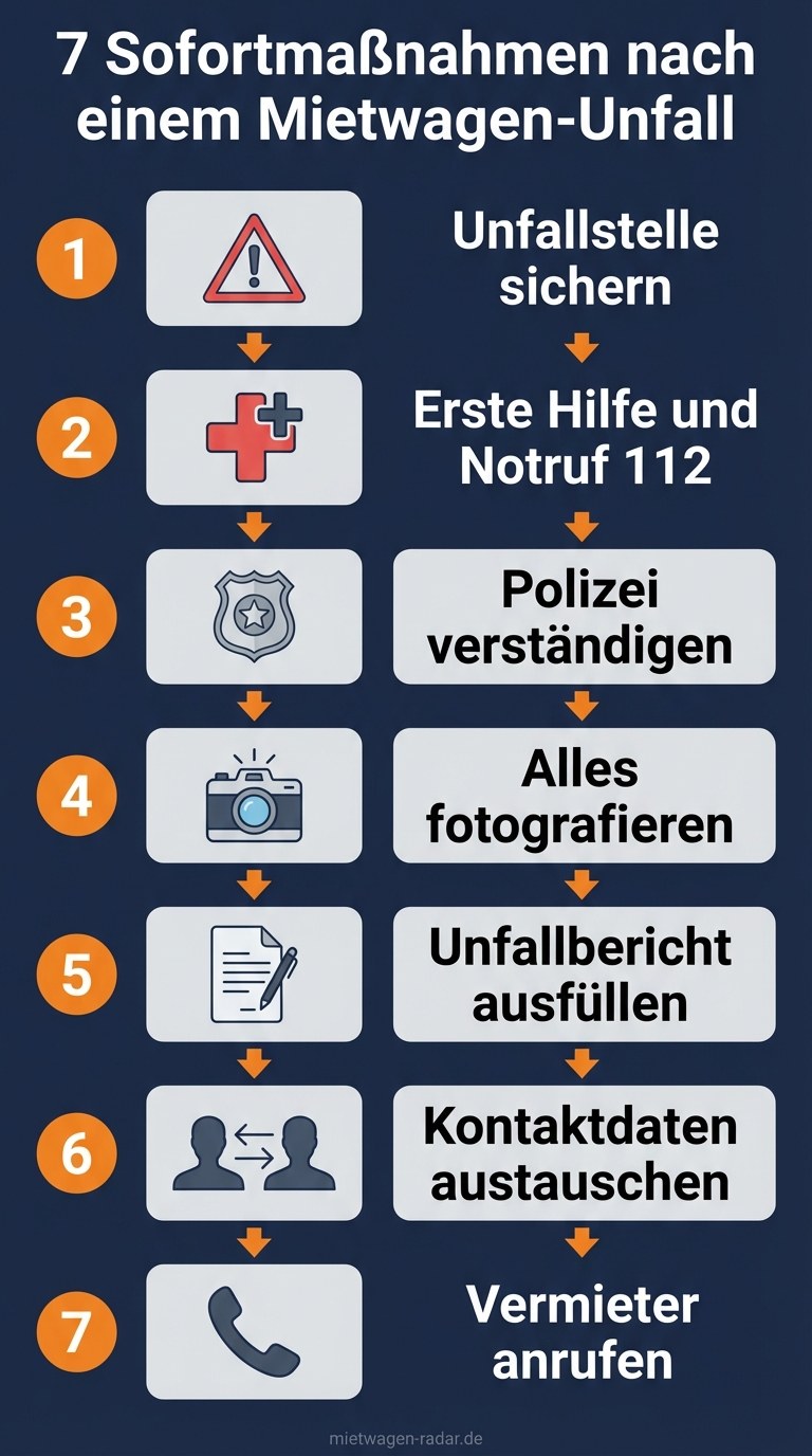 Infografik: 7 Sofortmaßnahmen nach einem Mietwagen-Unfall – Schritt-für-Schritt auf Deutsch