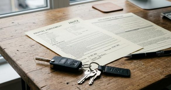 Mietvertrag und Autoschlüssel auf Holztisch – Ratgeber zur Mietwagen-Versicherung