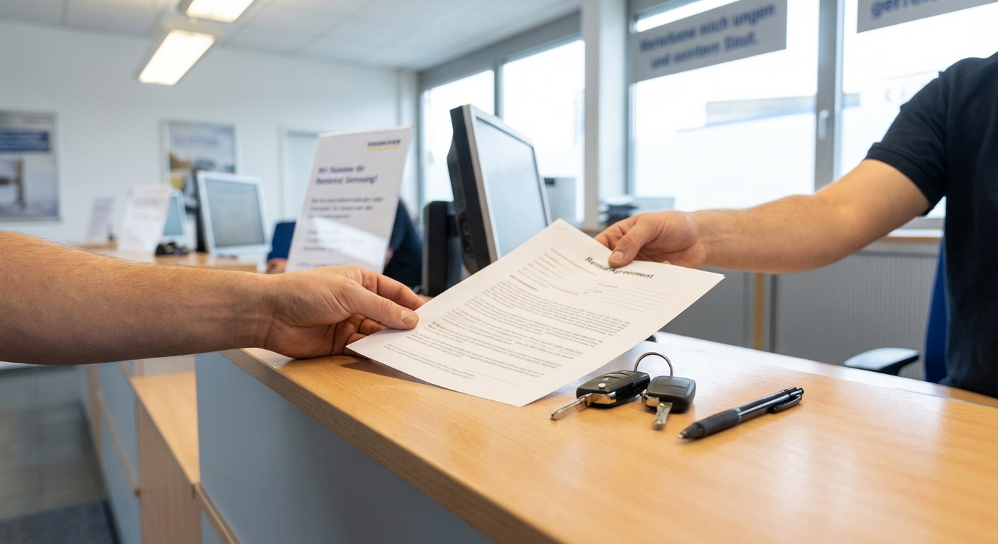 Mietvertrag und Autoschlüssel werden am Mietwagen-Schalter übergeben