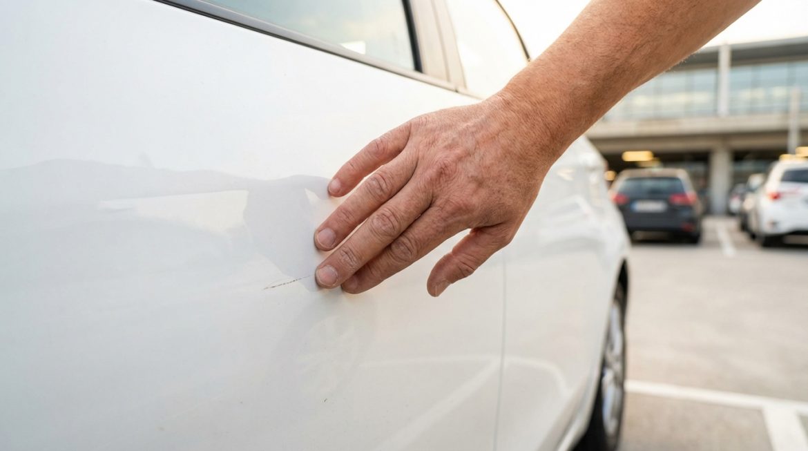 Schaden am Mietwagen entdeckt - Hand untersucht Kratzer an weißem Mietfahrzeug auf dem Parkplatz