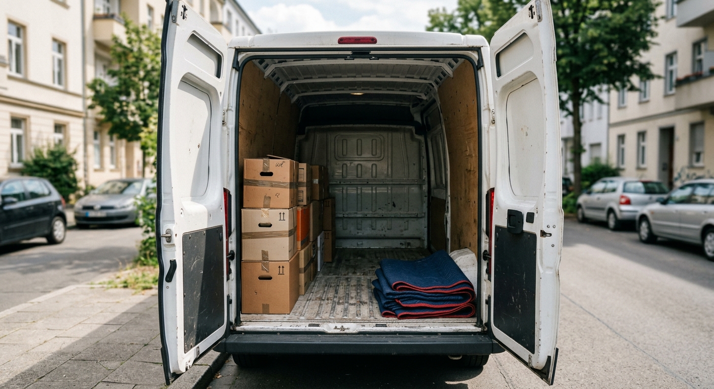 Offene Hecktüren eines Transporters mit geräumigem Laderaum, Umzugskartons und Möbeldecken – Sprinter mieten für den Umzug