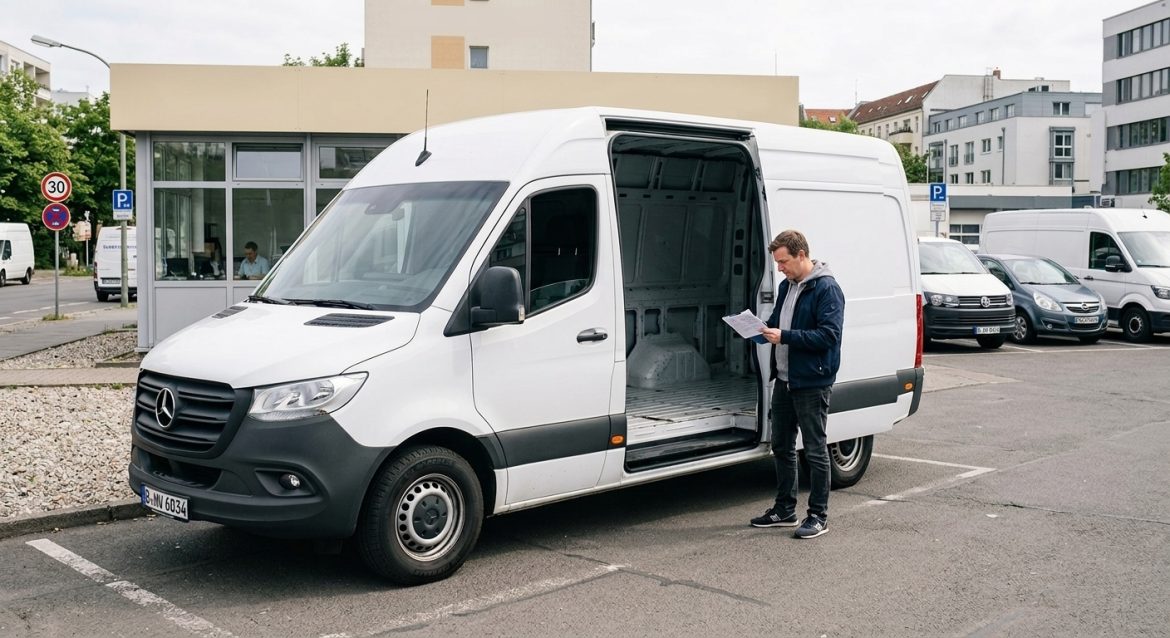 Mercedes Sprinter mit geöffneter Schiebetür auf einem Mietwagenstellplatz – Sprinter mieten im Vergleich