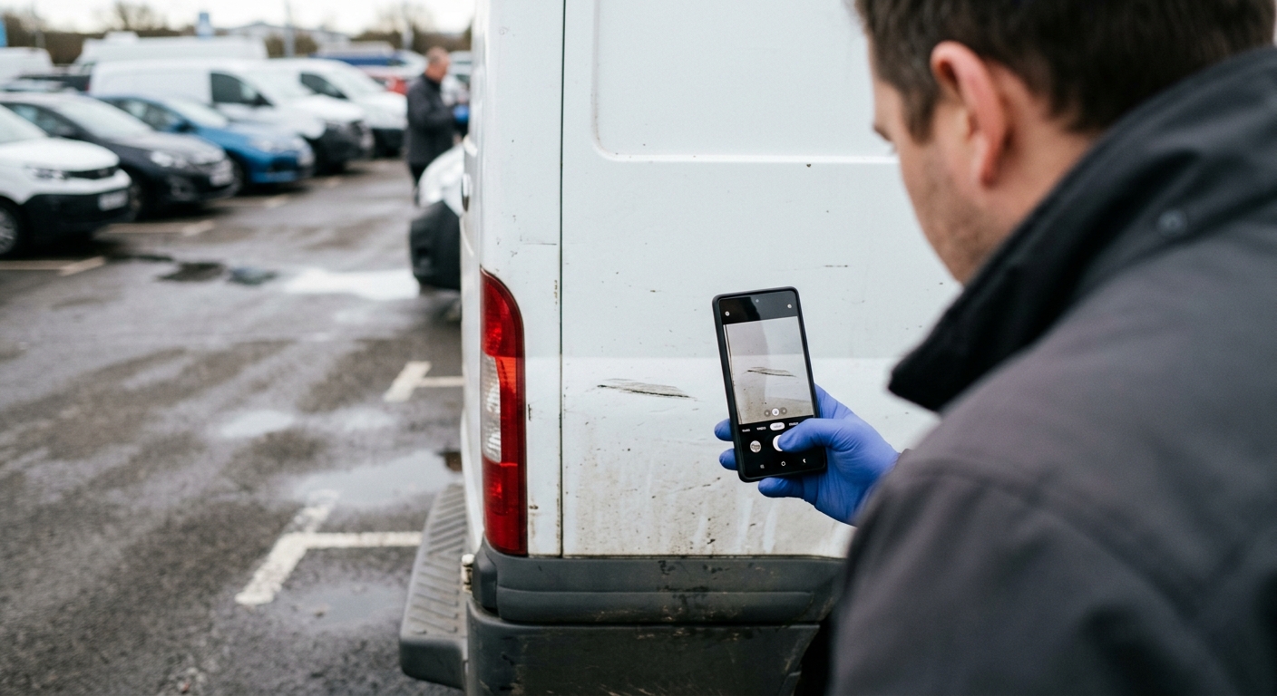 Person dokumentiert einen Kratzer am Miet-Transporter mit dem Smartphone – Schäden bei der Sprinter-Rückgabe fotografieren