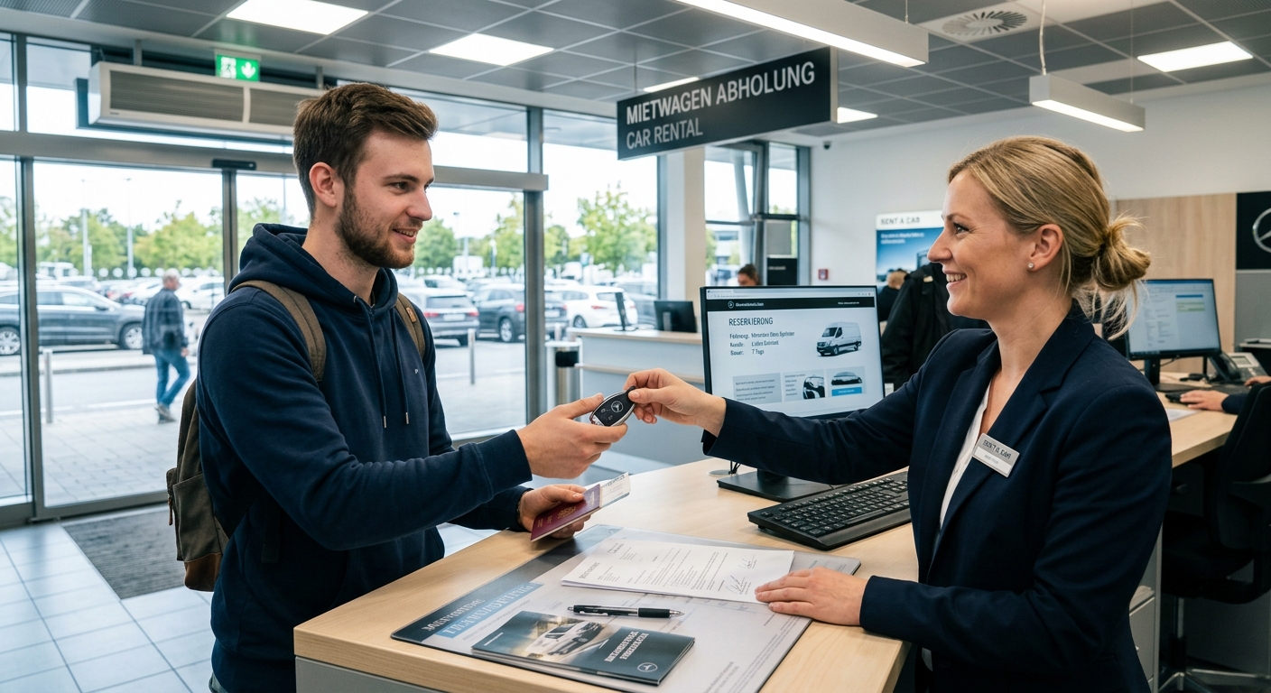 Schlüsselübergabe am Schalter einer Autovermietung – Transporter mieten und Mietvertrag abschließen