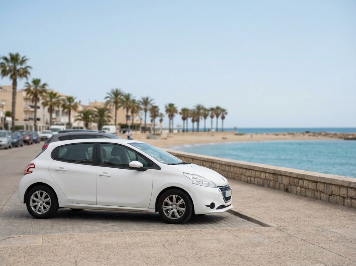 Moderner weißer Mietwagen an einer mediterranen Strandpromenade – TUI Cars Urlaubs-Feeling