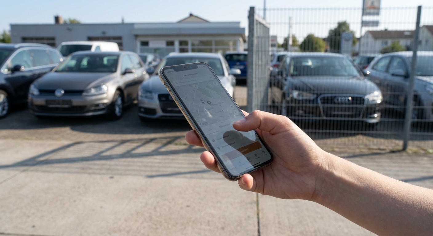 Überführungsfahrt buchen: Smartphone mit Buchungs-App an einer Mietwagen-Station