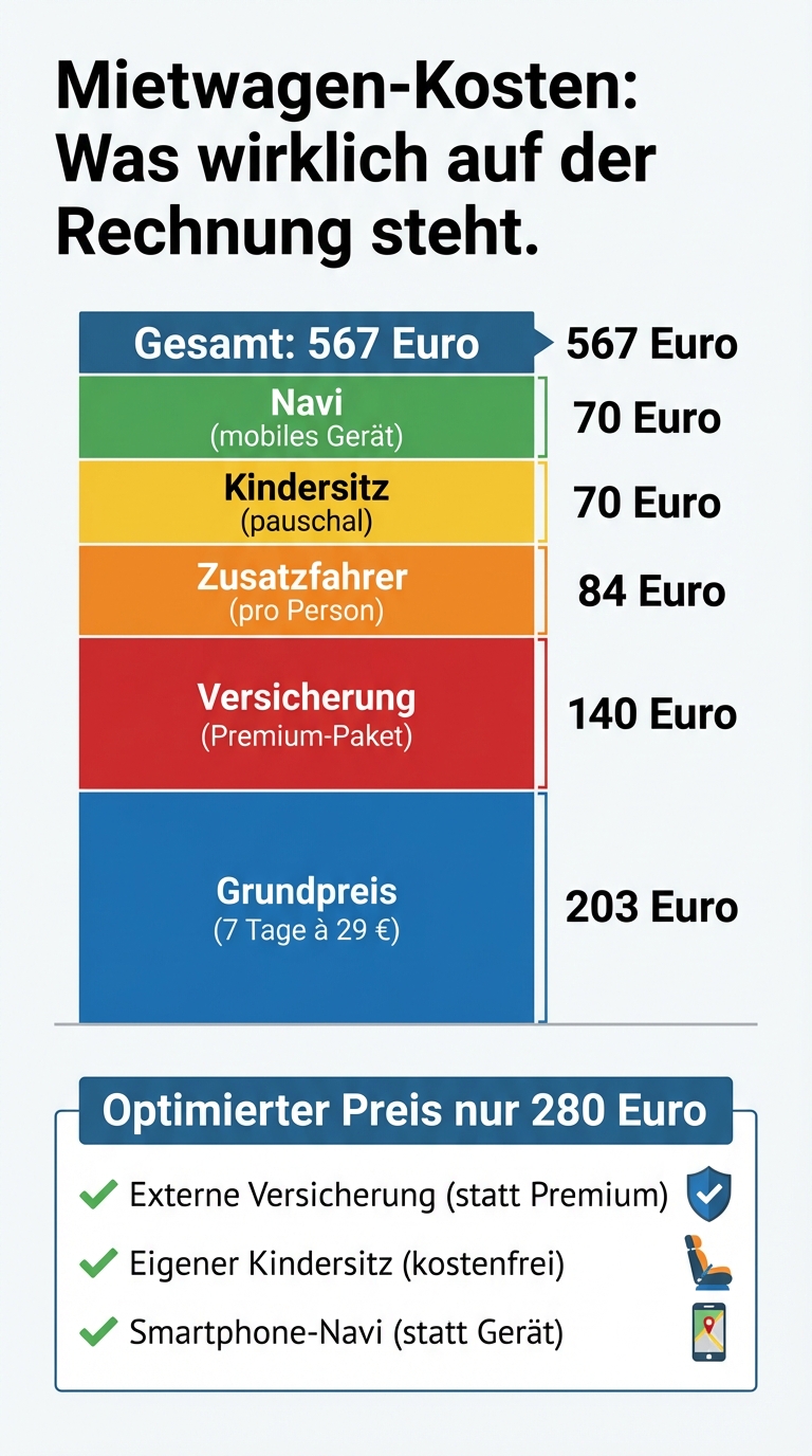 Infografik: Mietwagen-Kosten im Überblick. Rechenbeispiel zeigt wie aus 203 Euro Grundpreis durch Versicherung, Zusatzfahrer, Kindersitz und Navi insgesamt 567 Euro werden. Optimierter Preis: nur 280 Euro