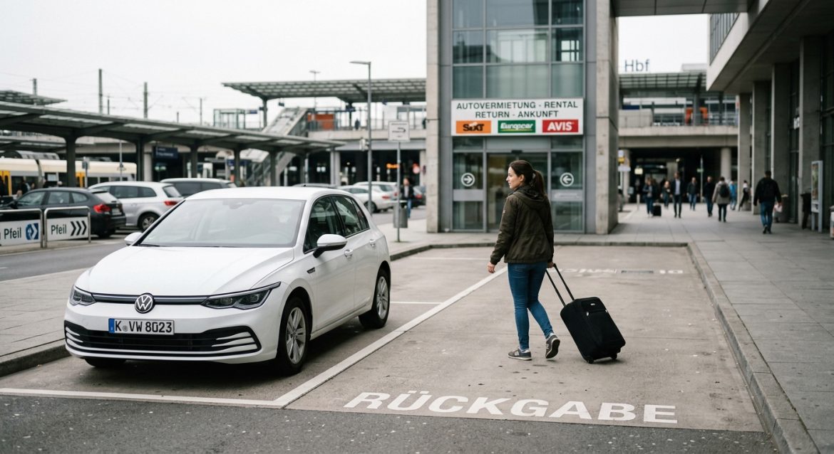 Einwegmiete beim Mietwagen: Rückgabe eines weißen VW Golf an einer anderen Station
