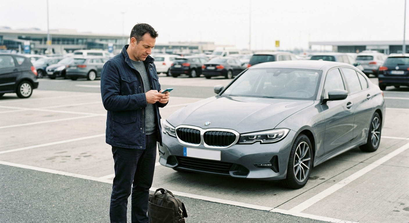 Geschäftsreisender gibt seinen Mietwagen am Flughafen zurück nach einer Einwegmiete