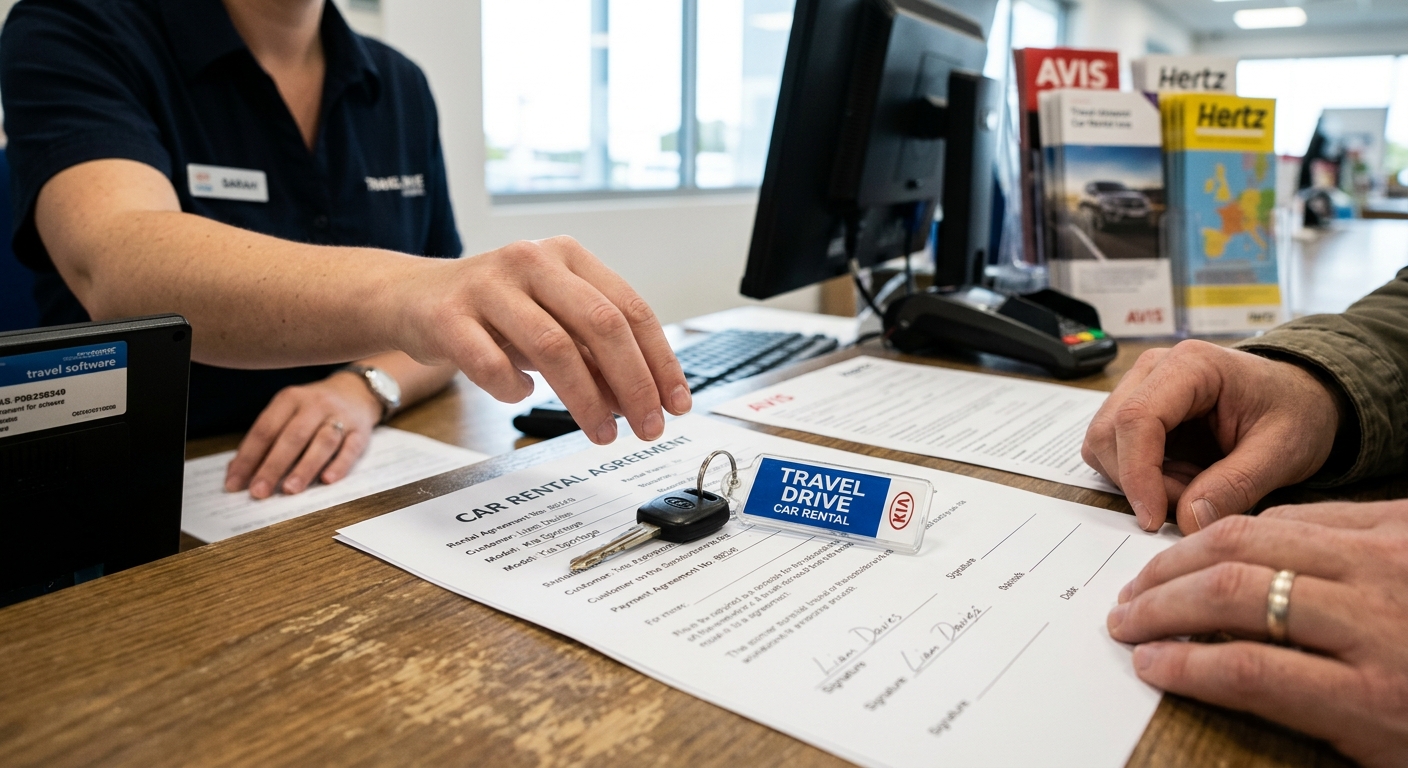 Schlüsselübergabe am Mietwagen-Schalter bei einer Einwegmiete