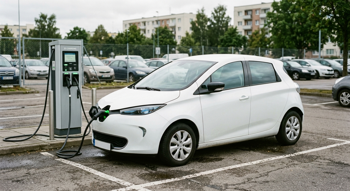 Weißer Elektro-Mietwagen wird an einer Schnellladesäule aufgeladen – Laderegelung beim E-Auto