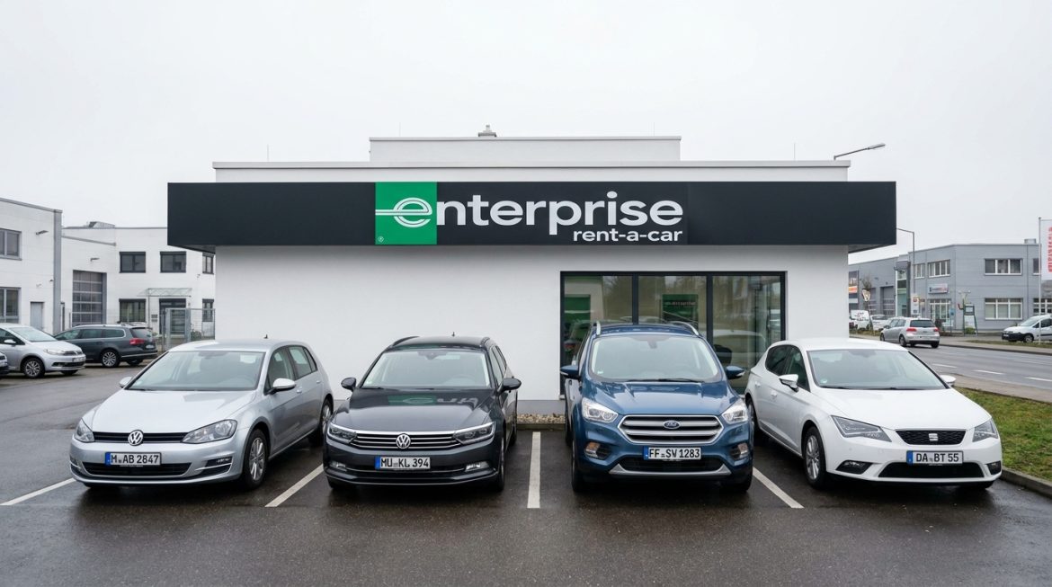 Enterprise Rent-A-Car Filiale in Deutschland mit Mietwagenflotte vor dem Gebäude