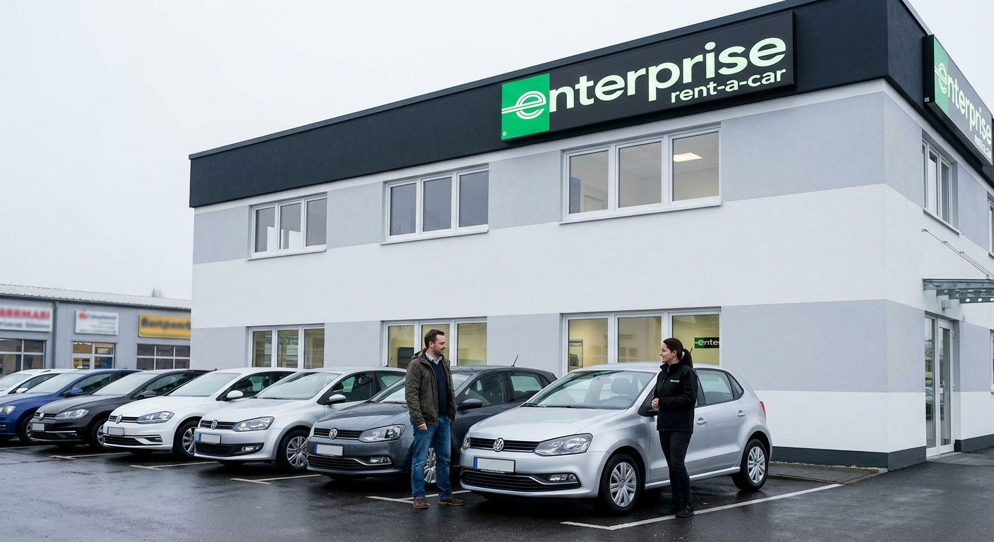 Enterprise Rent-A-Car Filiale in Deutschland – Kunde spricht mit Mitarbeiterin vor geparkten Mietwagen