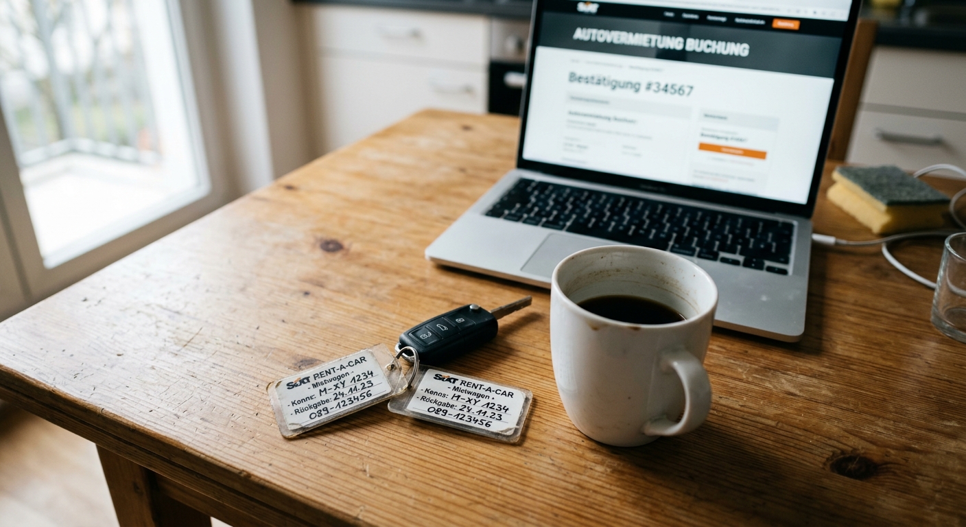 Mietwagen-Schlüssel mit Anhänger neben Kaffeetasse und Laptop – Langzeitmiete im Alltag