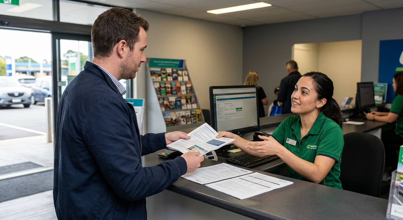 Kunde unterschreibt Mietvertrag für Langzeitmiete am Schalter einer Autovermietung